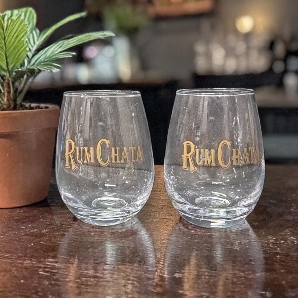 RumChata Stemless Cocktail Glasses , Set of 2, Vintage Gold Lettering Tumblers